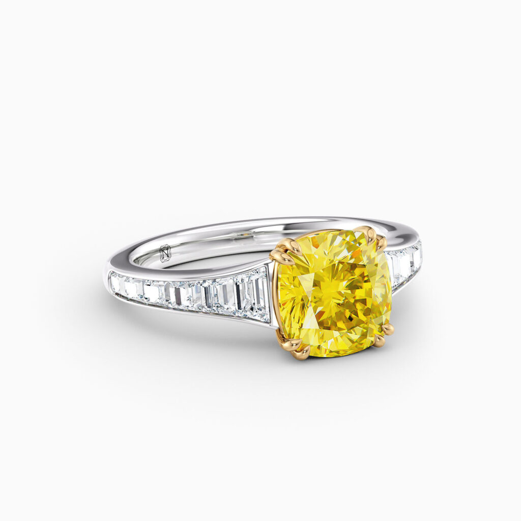 2ct fancy vivid cushion diamond with french cut shoulder diamonds