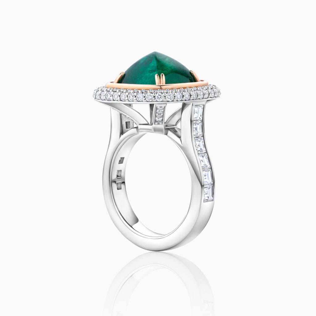 Unique engagement rings you’ll only find at Nick Ireland 27 The Sienna Sugarloaf Emerald Halo – bold colour, feminine grace
