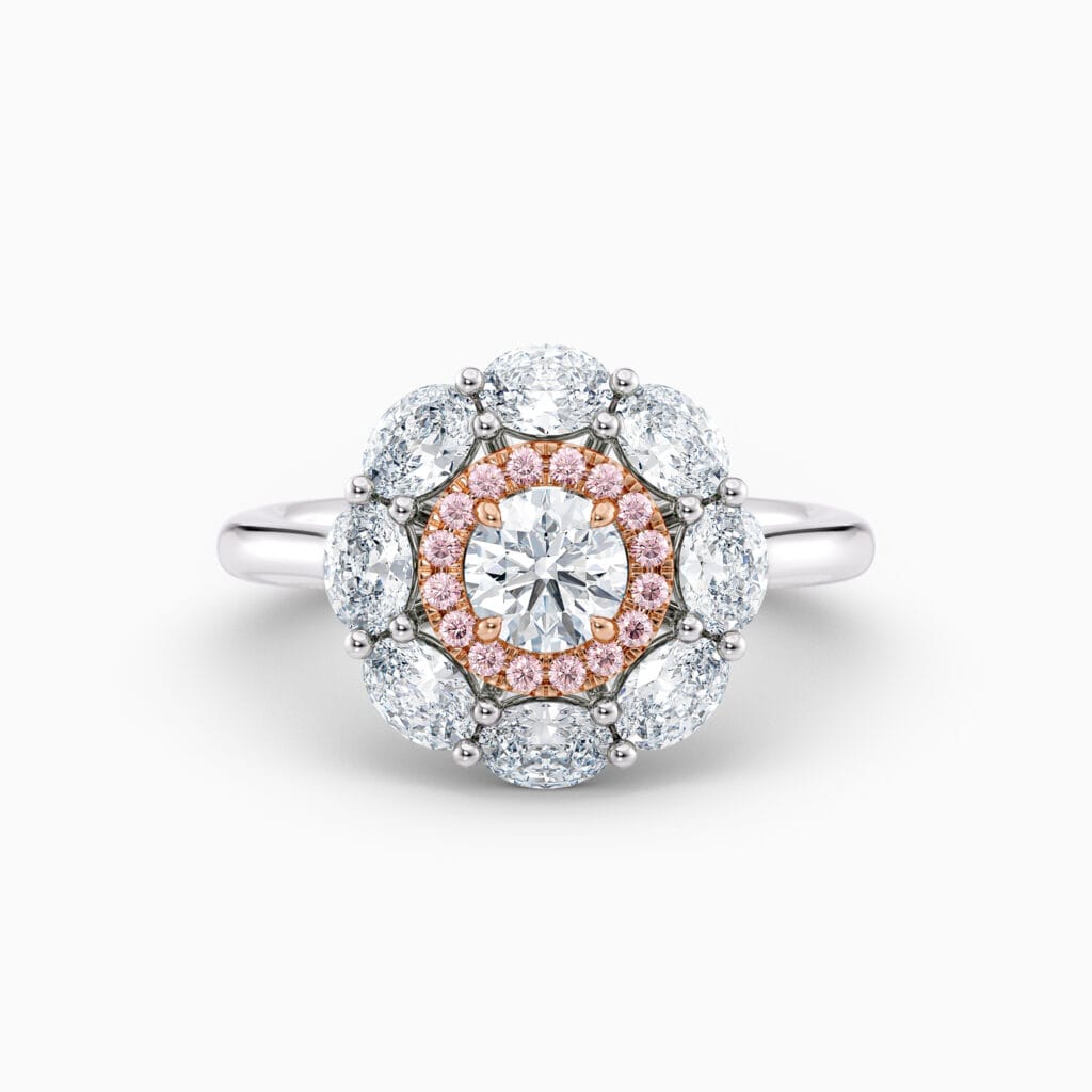 Unique engagement rings you’ll only find at Nick Ireland 28 The Rosina Pink and White Double Halo Ring– where romance meets radiance